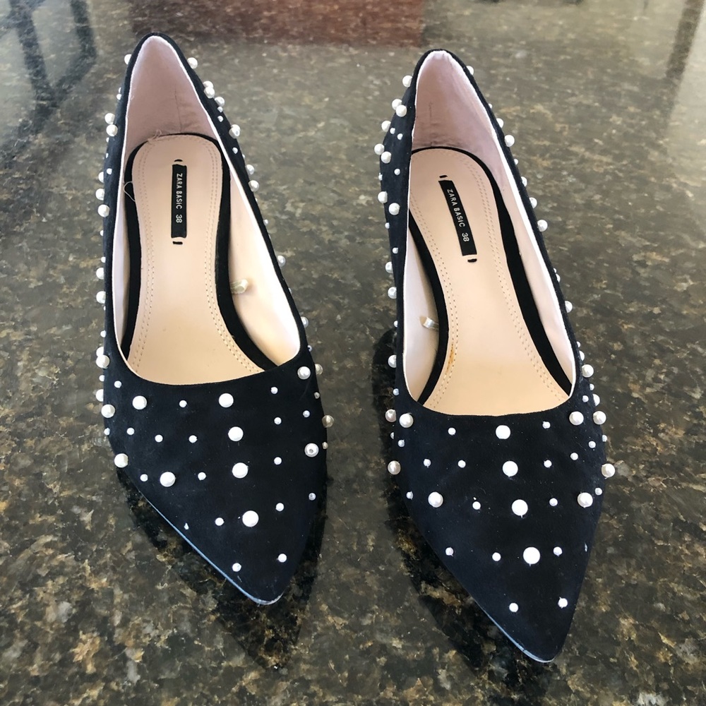 Zara black suede heel with pearl adornment